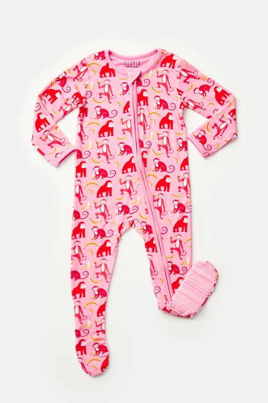 Soft & Stretchy Zipper Footie - Monkeying Around Pink