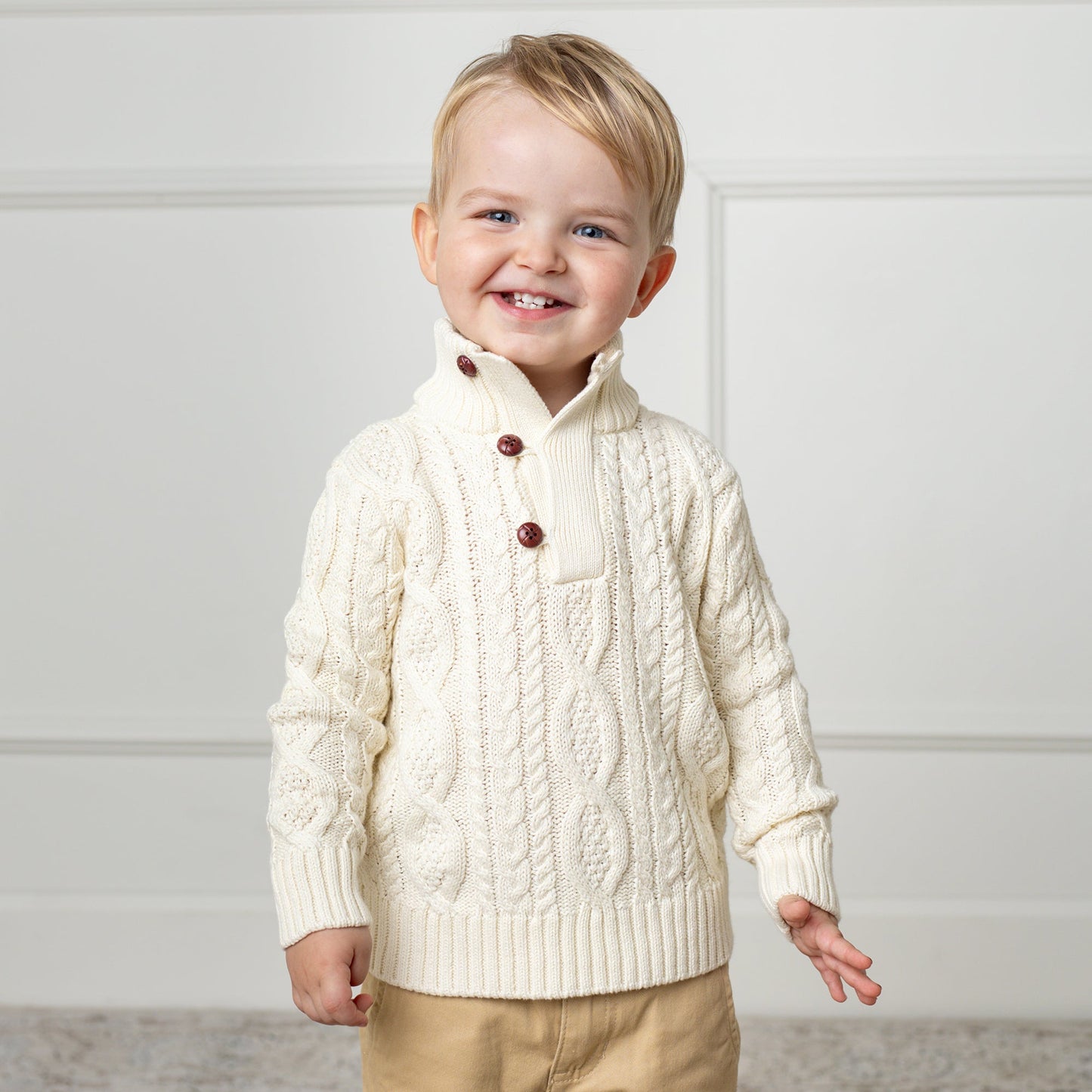 Mock Neck Cable Sweater with Buttons