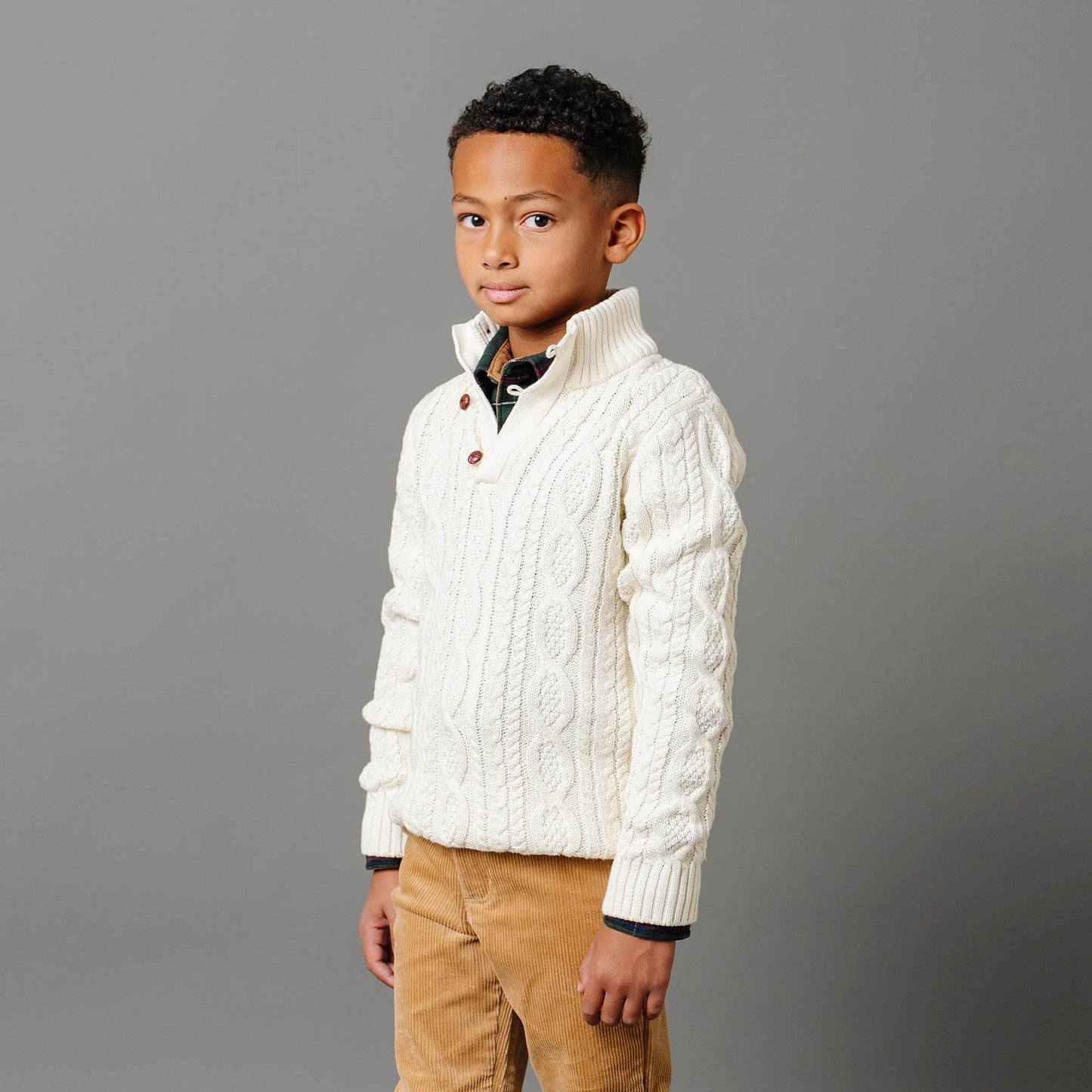 Mock Neck Cable Sweater with Buttons