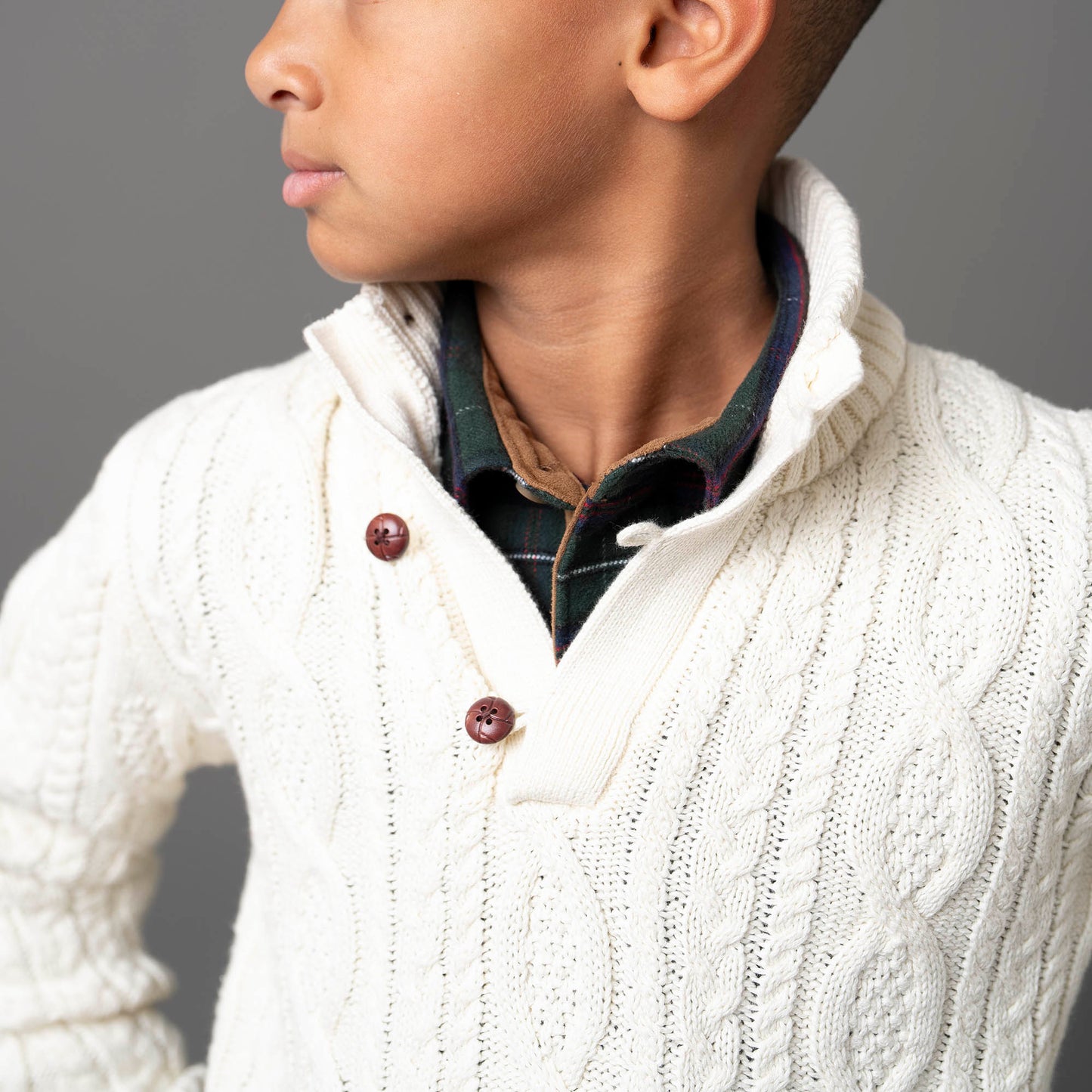 Mock Neck Cable Sweater with Buttons