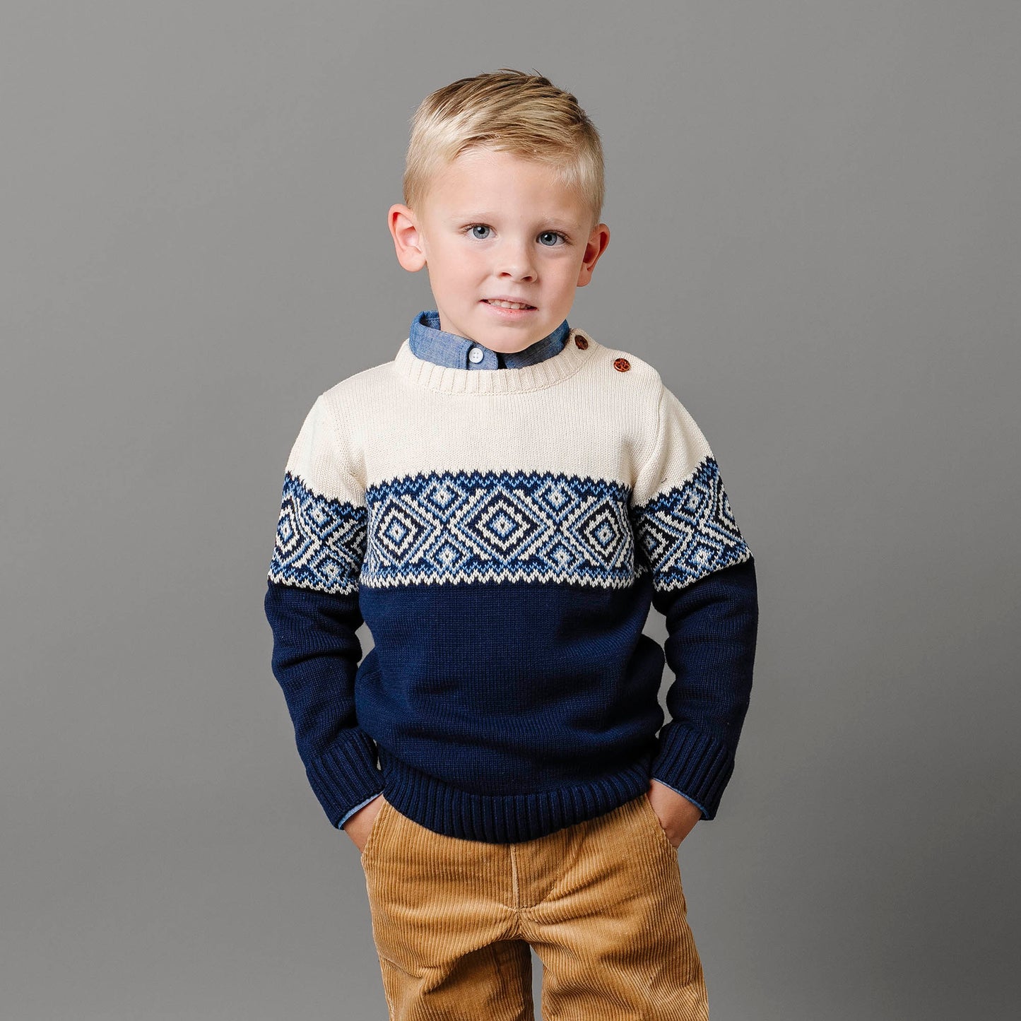 Intarsia Crew Neck Button Sweater - Baby
