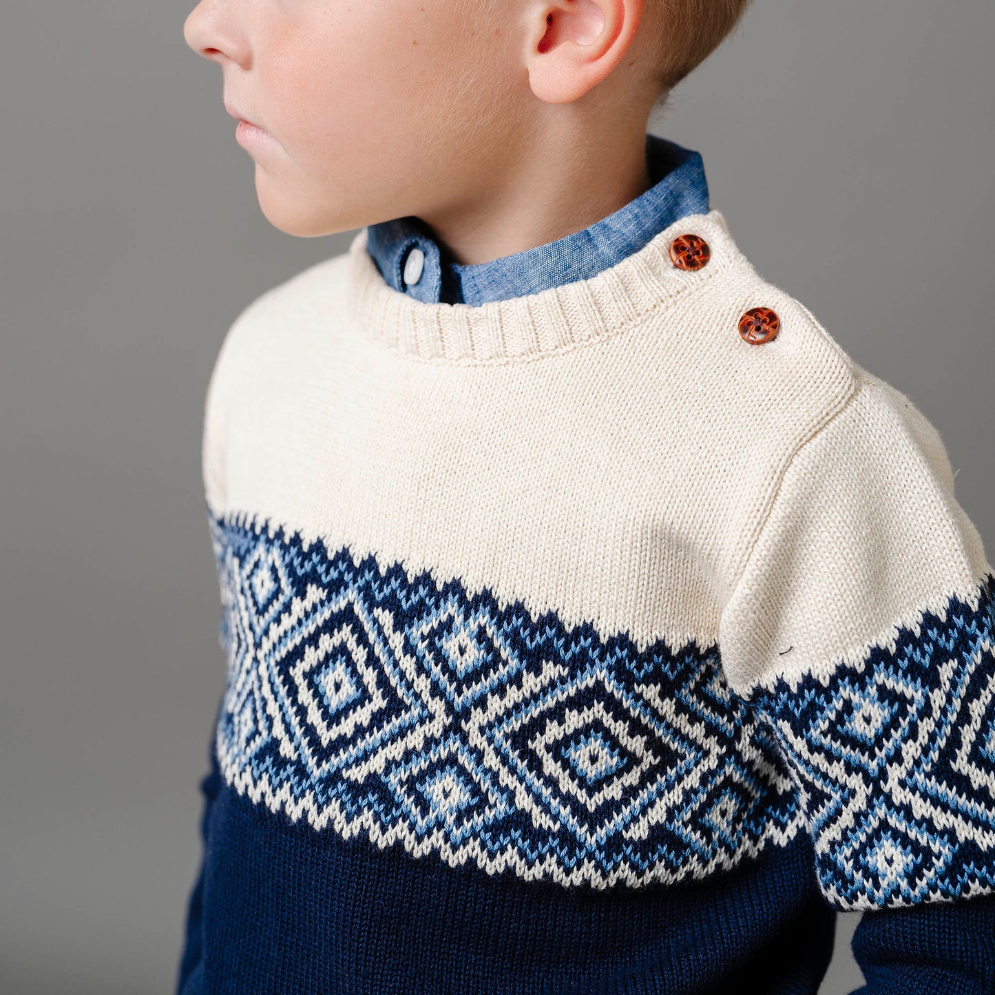 Intarsia Crew Neck Button Sweater