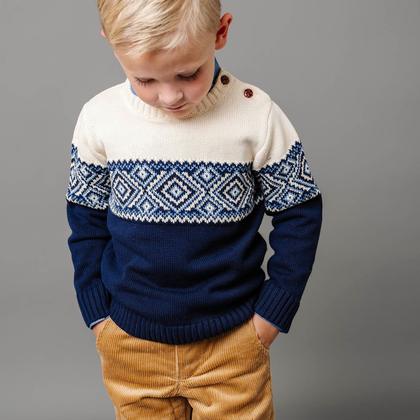 Intarsia Crew Neck Button Sweater