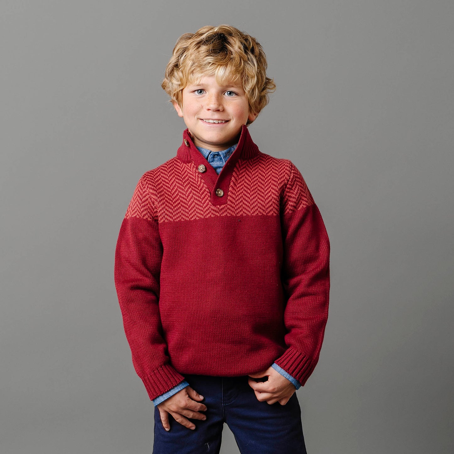 Intarsia Yoke Mock Neck Sweater