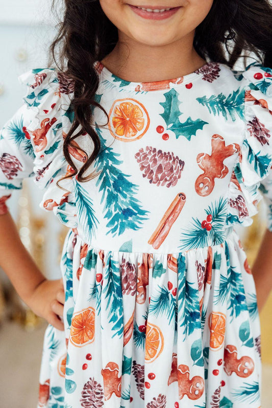 Classic Christmas 3/4 Sleeve Ruffle Twirl Dress